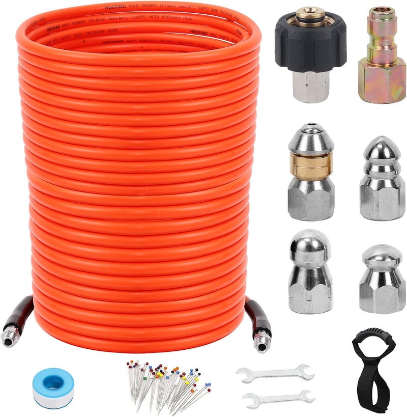 HOSEING 150FT Sewer Jetter Kit for Pressure Washer, 5800 PSI Water Jet Drain Cleaner Hose With Corner Rotating Button Nose Nozzle 1/4 Inch NPT, Jetting Nozzles Kit With Spanner Handle Strap - Image 1